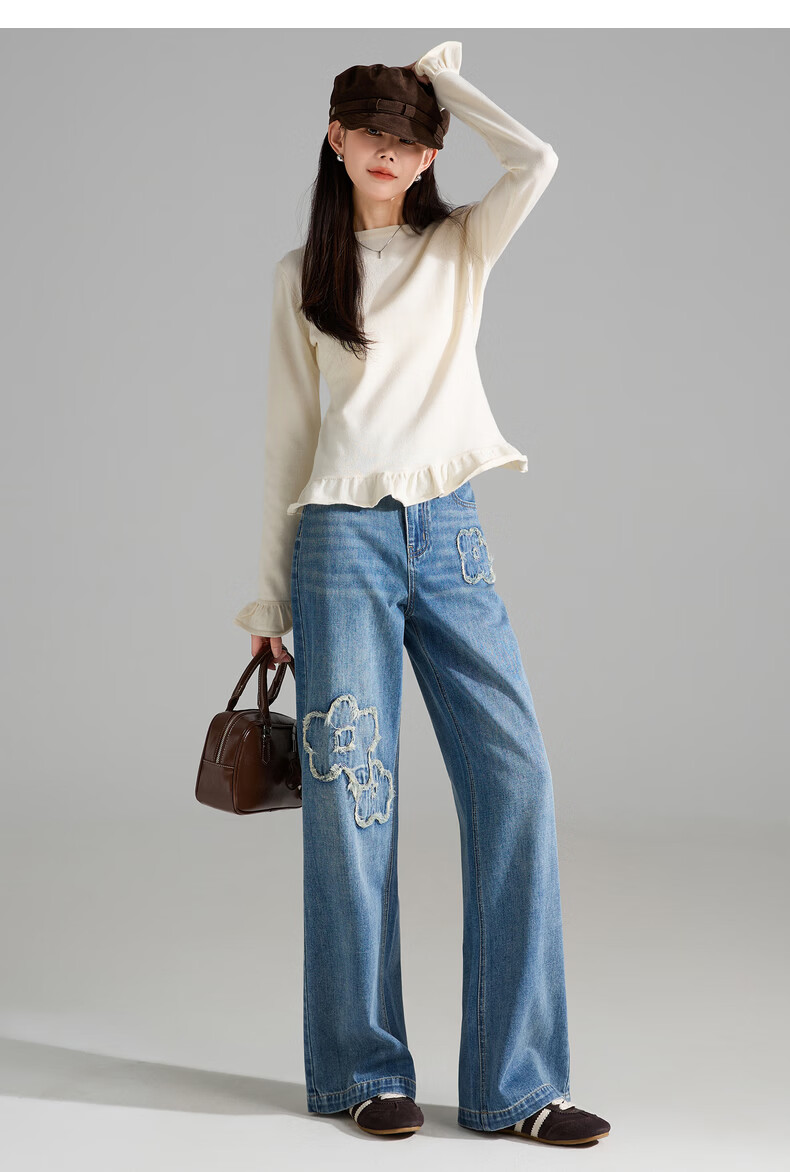 TonLion 2026 Spring Summer Women's Denim Pants Floral Tassel Design Straight Wide-Leg Trousers Fashion Versatile 12