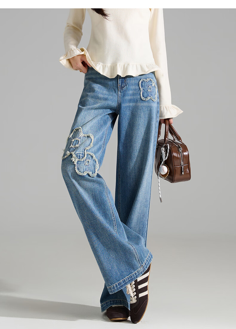 TonLion 2026 Spring Summer Women's Denim Pants Floral Tassel Design Straight Wide-Leg Trousers Fashion Versatile 11