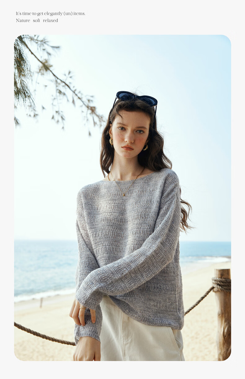 Olrain Oureier Off-Shoulder Hollow Out Loose Pullover Knitwear Women's Spring New Elegant Top Pink M 12