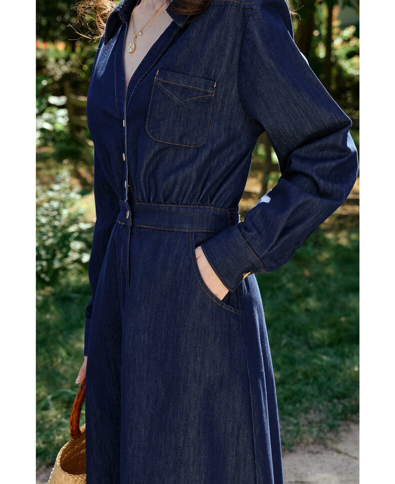 Olrain Vintage V-Neck Waist-Cinched Denim Long Sleeve Dress for Women Spring Shirt-Style Long Dress Denim Blue M 18