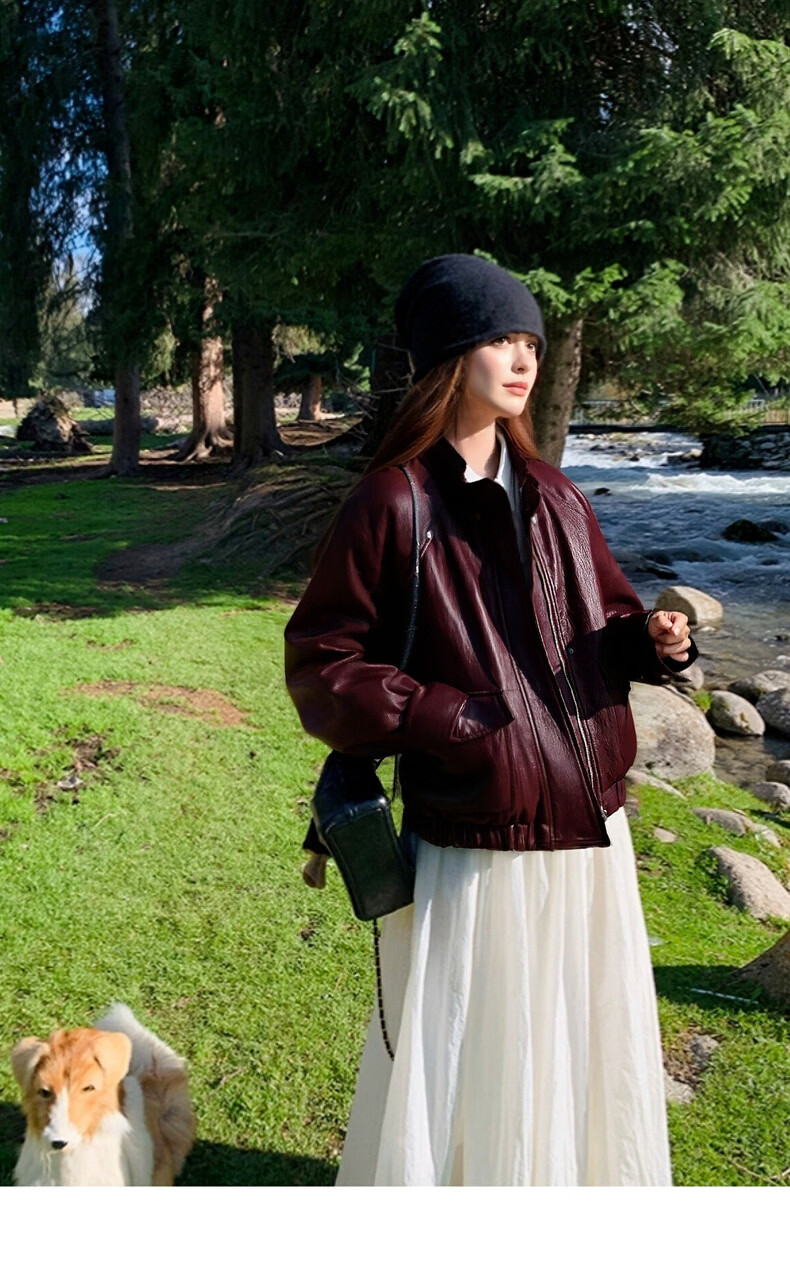 Olrain Eurier Vintage Stand Collar Leather Short Jacket Women's Spring New Loose Fit Burgundy S 11