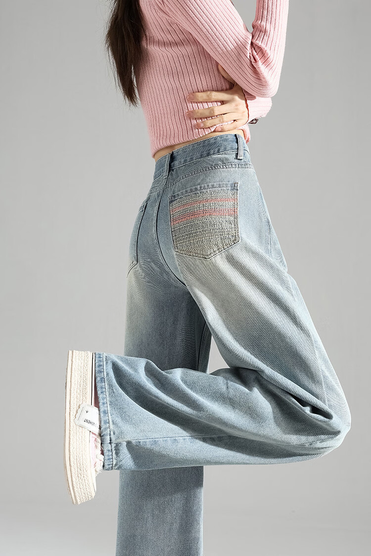 TonLion 2026 Spring Autumn Women's Embroidered Unique Design Light Wash Wide Leg Denim Jeans 2