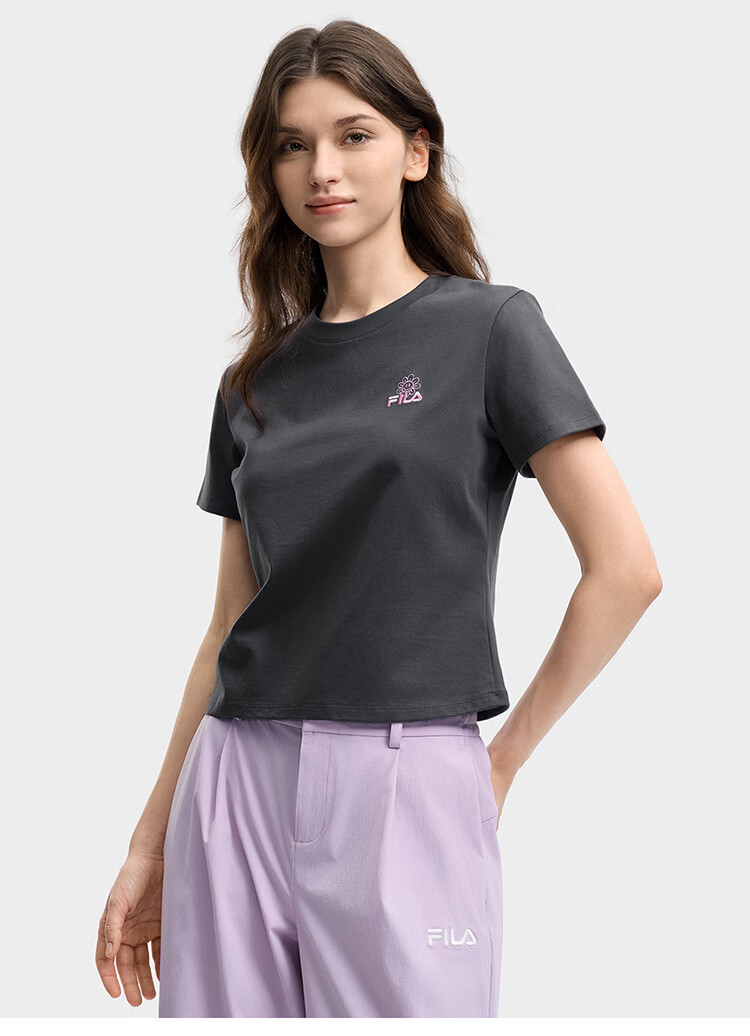 FILA Official Women's Knitted Short Sleeve Shirt 2026 Summer Casual Slim Fit Cool Cotton Cropped T-Shirt 51