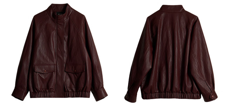 Olrain Eurier Vintage Stand Collar Leather Short Jacket Women's Spring New Loose Fit Burgundy S 4