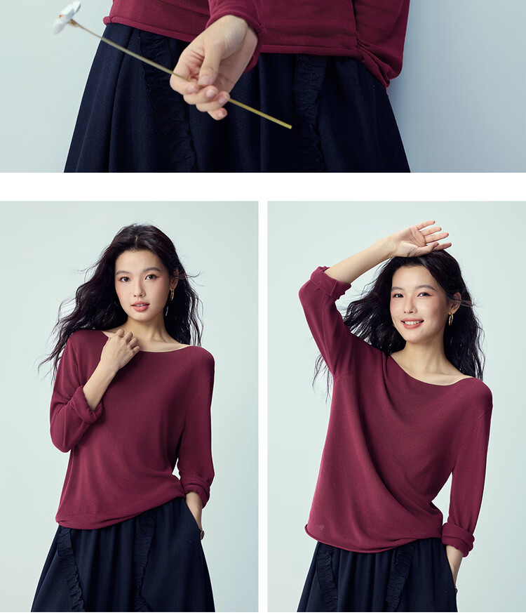 Giordano 2026 Spring New Solid Color Boat Neck Lightweight Rolled Edge Knit Long Sleeve Sweater for Women 13356226 17