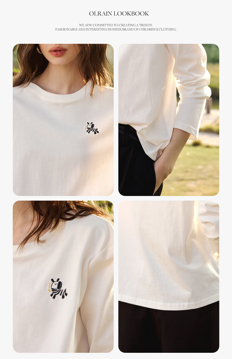Olrain Simple Color-Block Pony Embroidery Casual Long Sleeve T-Shirt Women Spring Pure Cotton Crew Neck Top Off-White S 10