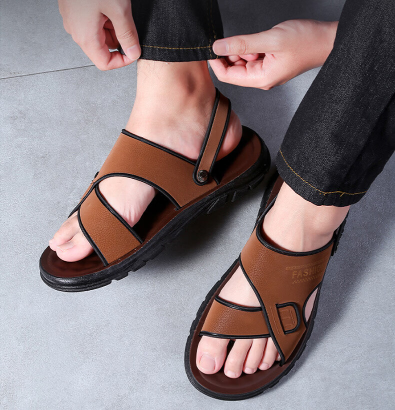 FOOTOPPO Men's Sandals 2026 Summer Non-Slip Beach Shoes Premium Leather Men's Dual-Purpose Sandals and Slippers 5