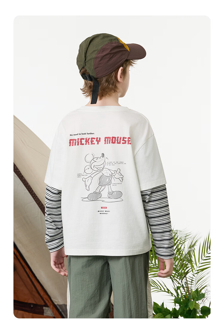 Disney Kids Boys and Girls Long Sleeve Faux Two-Piece Spring T-Shirt 2026 New Children's Cotton Base Layer Sweatshirt Trendy Cool 8