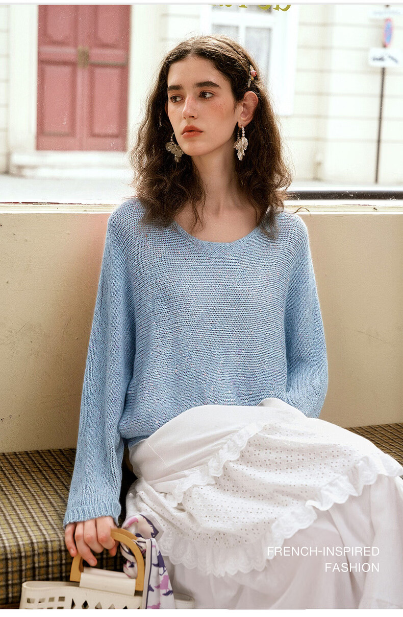 Olrain Eurielle Elegant Off-Shoulder Batwing Sleeve Knit Pullover Sweater Blue M Spring New Arrival 21