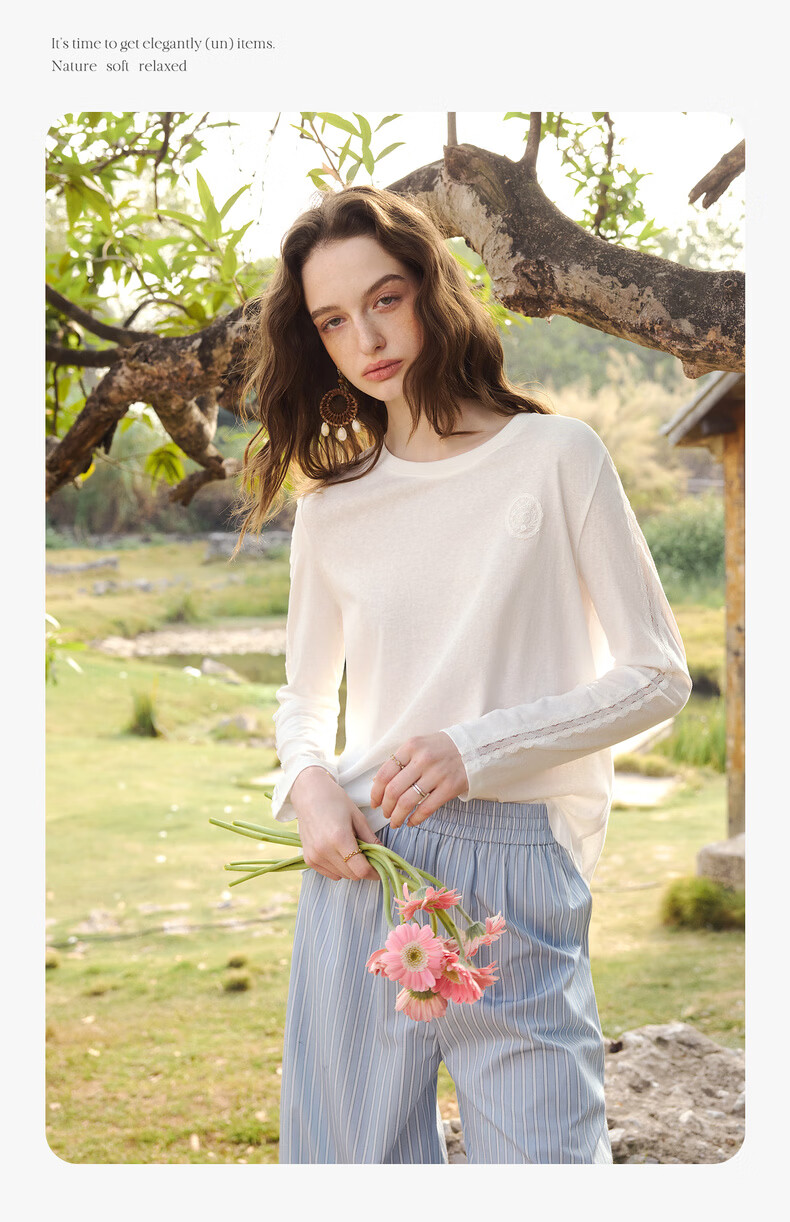 Olrain French Lace Splice Snowflake Cotton Long Sleeve T-Shirt Women Spring New Commuter Casual Top Off-White M 12