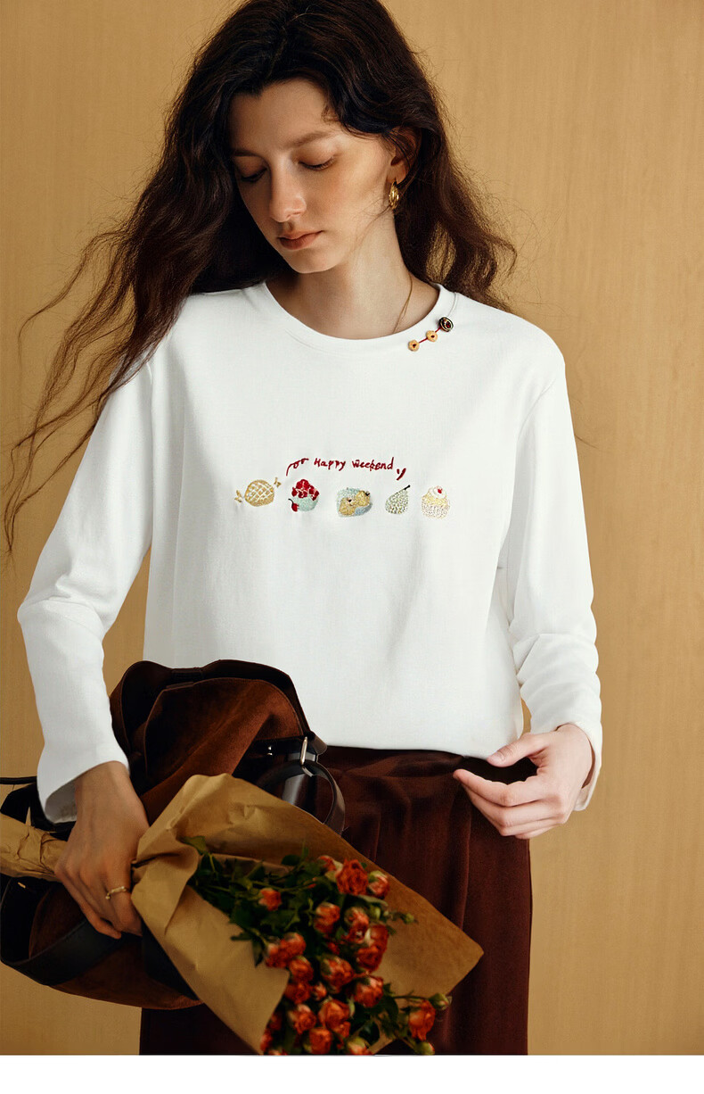 Olrain Eurier Tencel Cotton Simple Elegant Embroidered Loose Long Sleeve T-Shirt Spring Crew Neck Top for Women Beige XL 17