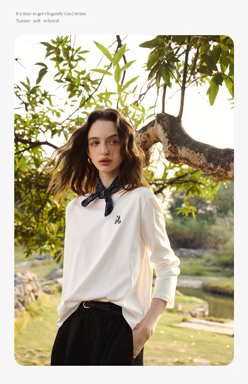 Olrain Simple Color-Block Pony Embroidery Casual Long Sleeve T-Shirt Women Spring Pure Cotton Crew Neck Top Off-White S 11