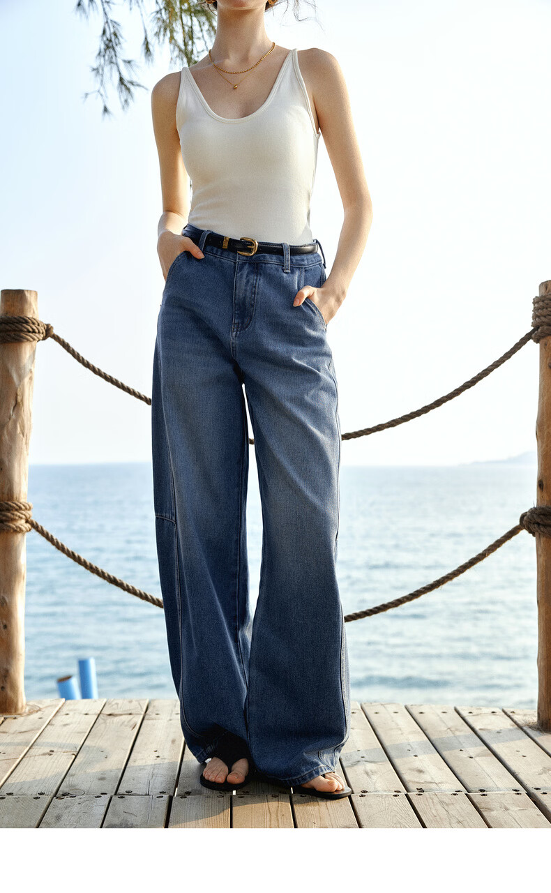 Olrain Tencel Denim Cotton Loose Wide-Leg Curved Hem Floor-Length Jeans Women's Spring Blue M 16