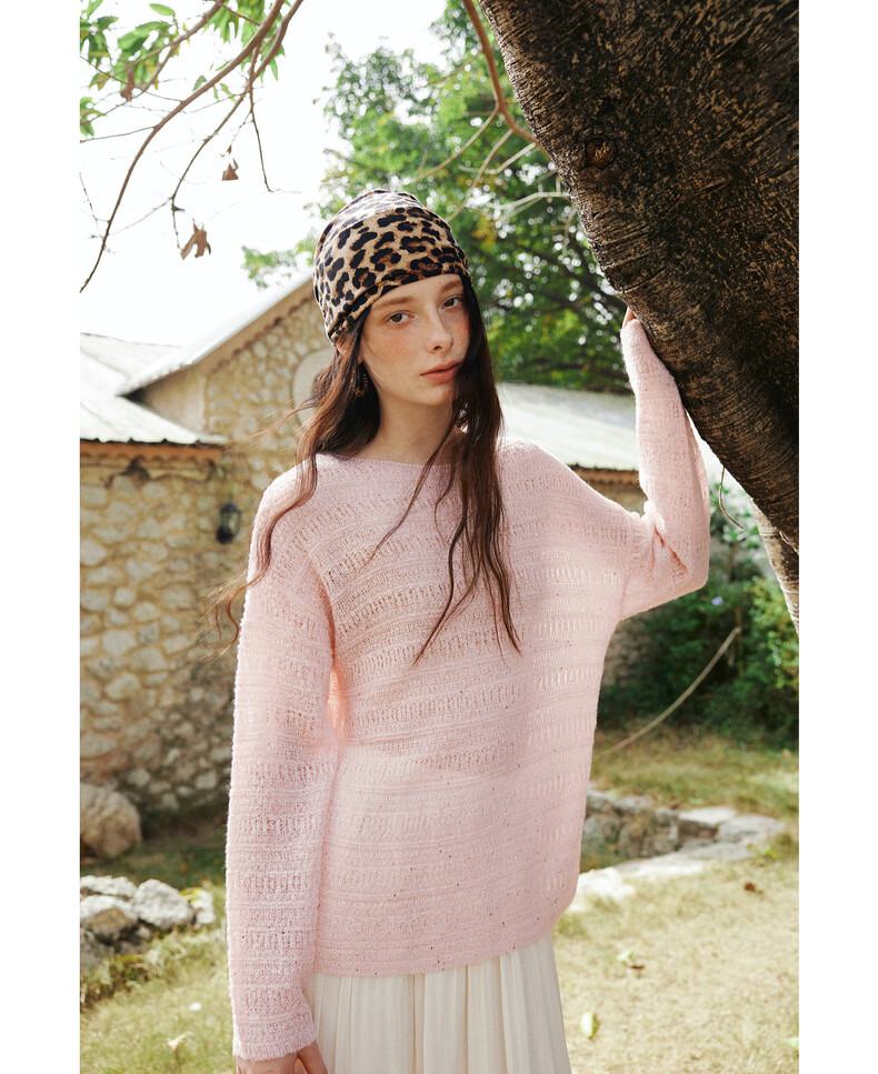 Olrain Oureier Off-Shoulder Hollow Out Loose Pullover Knitwear Women's Spring New Elegant Top Pink M 18