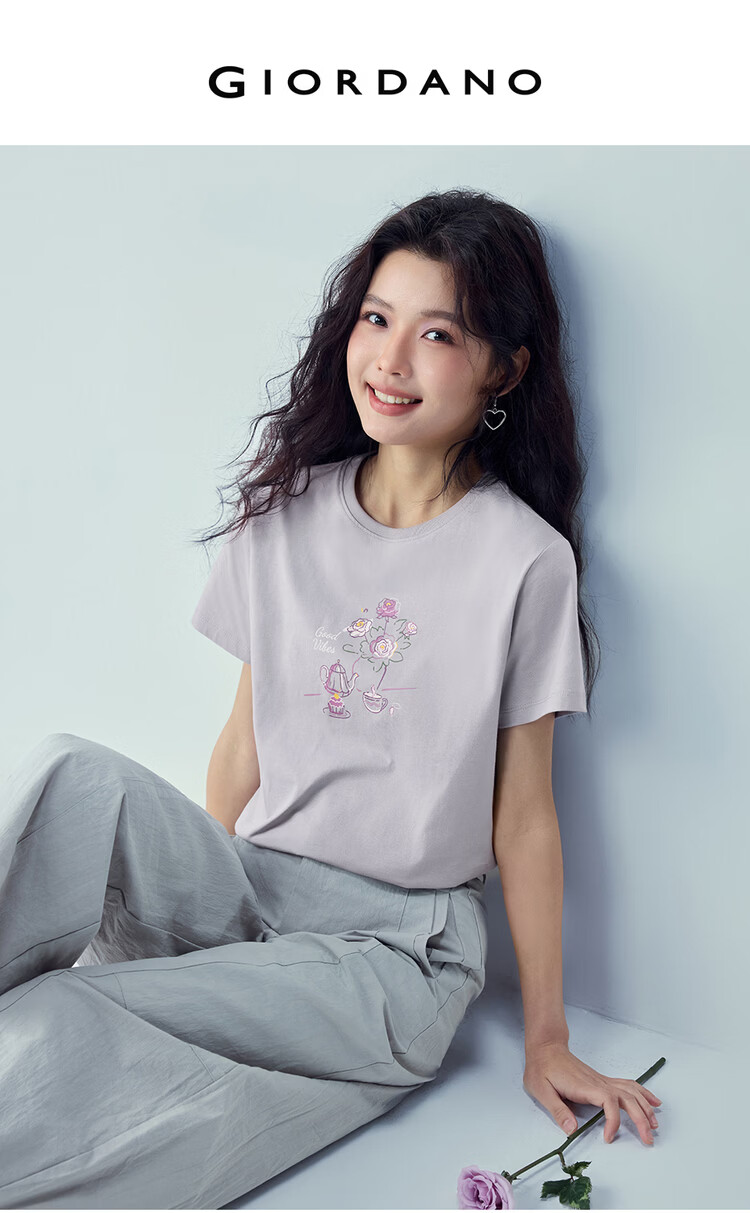 Giordano Women's Short Sleeve T-Shirt New Pure Cotton Romantic Floral Print Crew Neck Casual Top 05396386 3