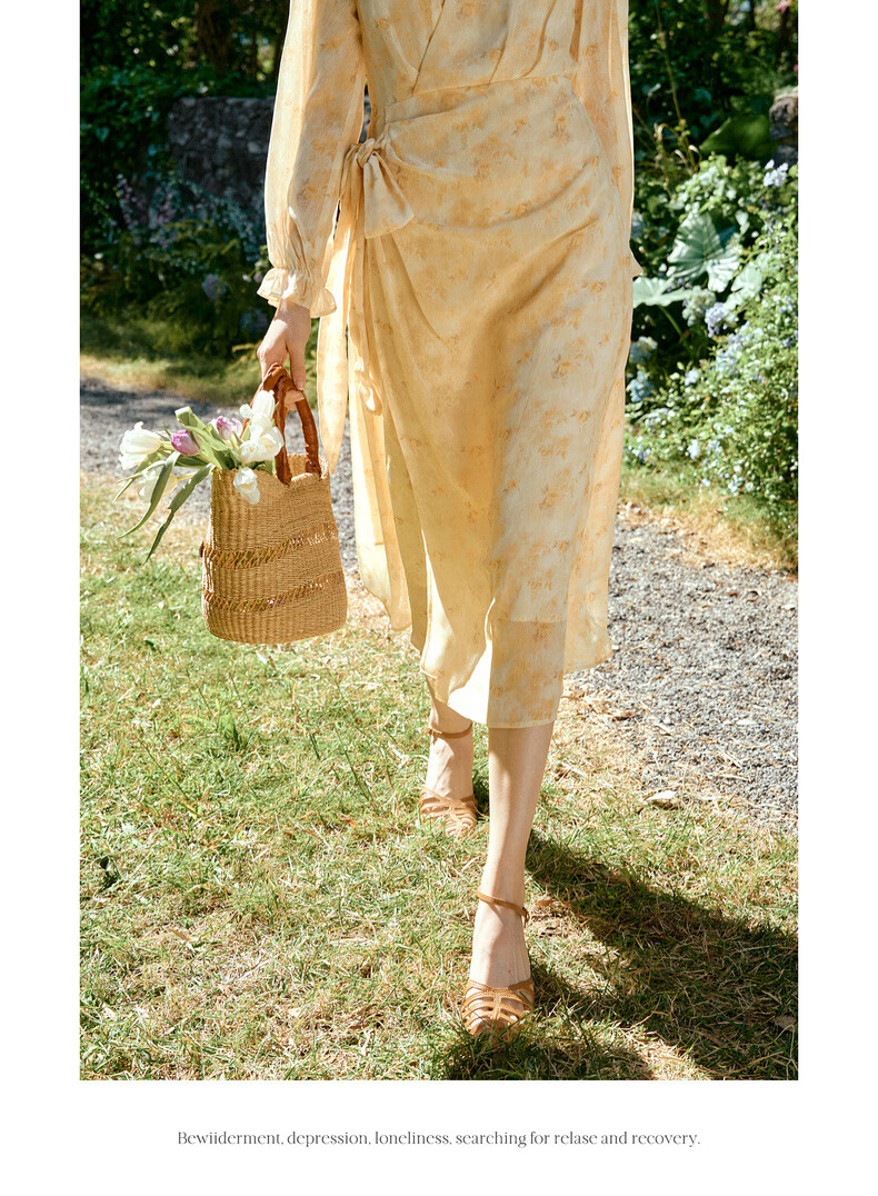 Olrain Oureier Vacation Style V-Neck Tie-Dye Floral Long Sleeve Dress Women Spring New Elegant Long Dress Colorful S 18