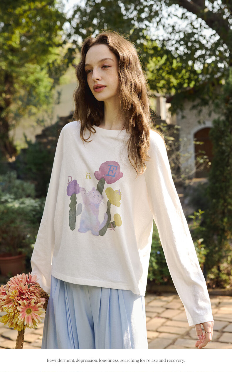 Olrain Casual Fun Cat Print Loose Long Sleeve T-Shirt Women Spring New Round Neck Top White S 12