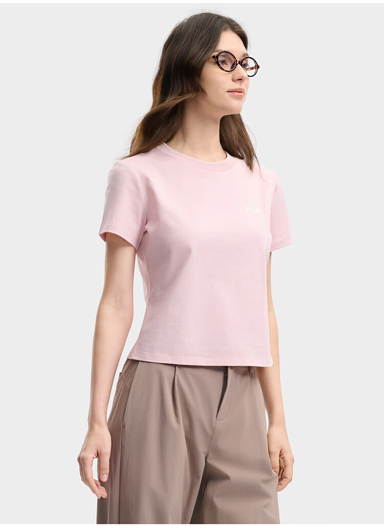 FILA Official Women's Knitted Short Sleeve Shirt 2026 Summer Casual Slim Fit Cool Cotton Cropped T-Shirt 59