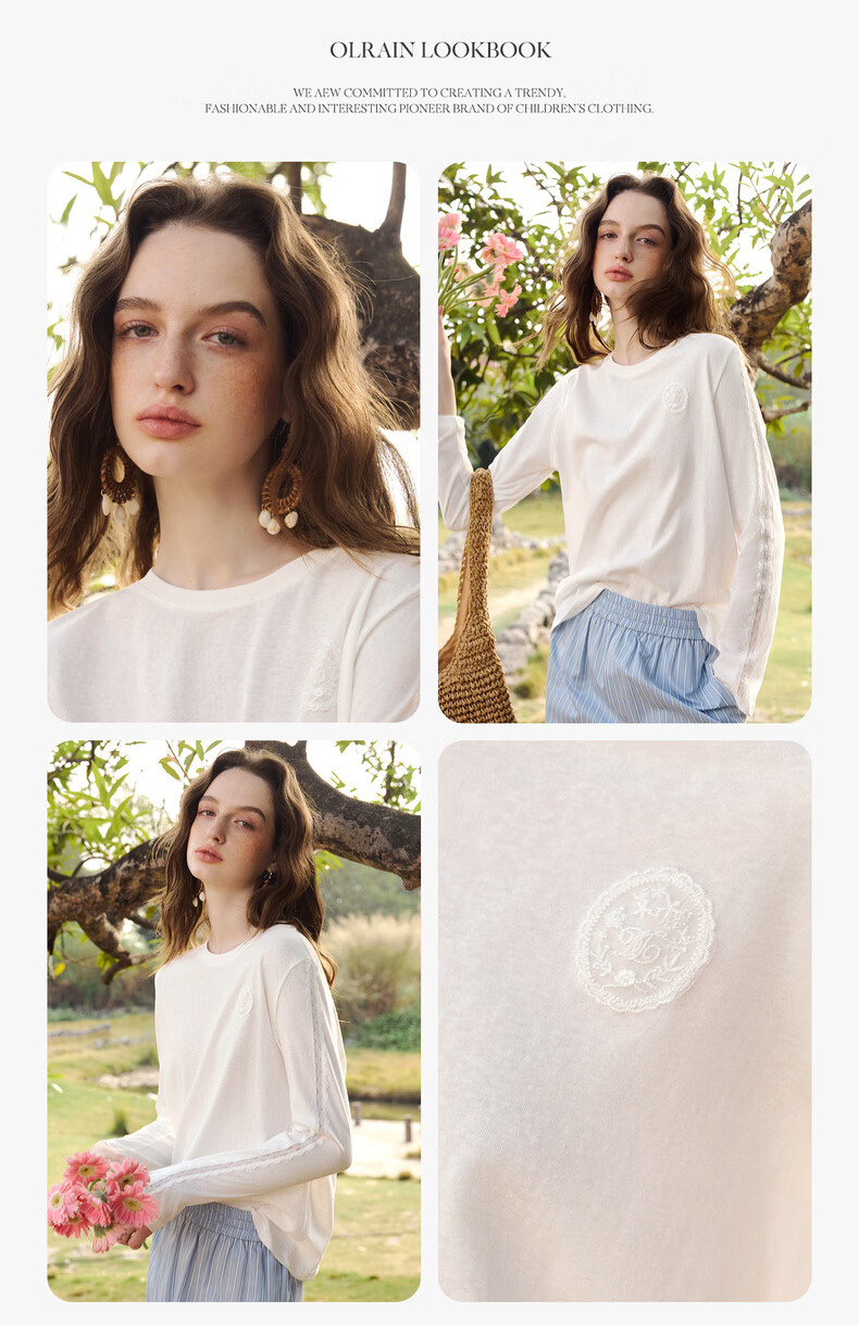 Olrain French Lace Splice Snowflake Cotton Long Sleeve T-Shirt Women Spring New Commuter Casual Top Off-White M 11