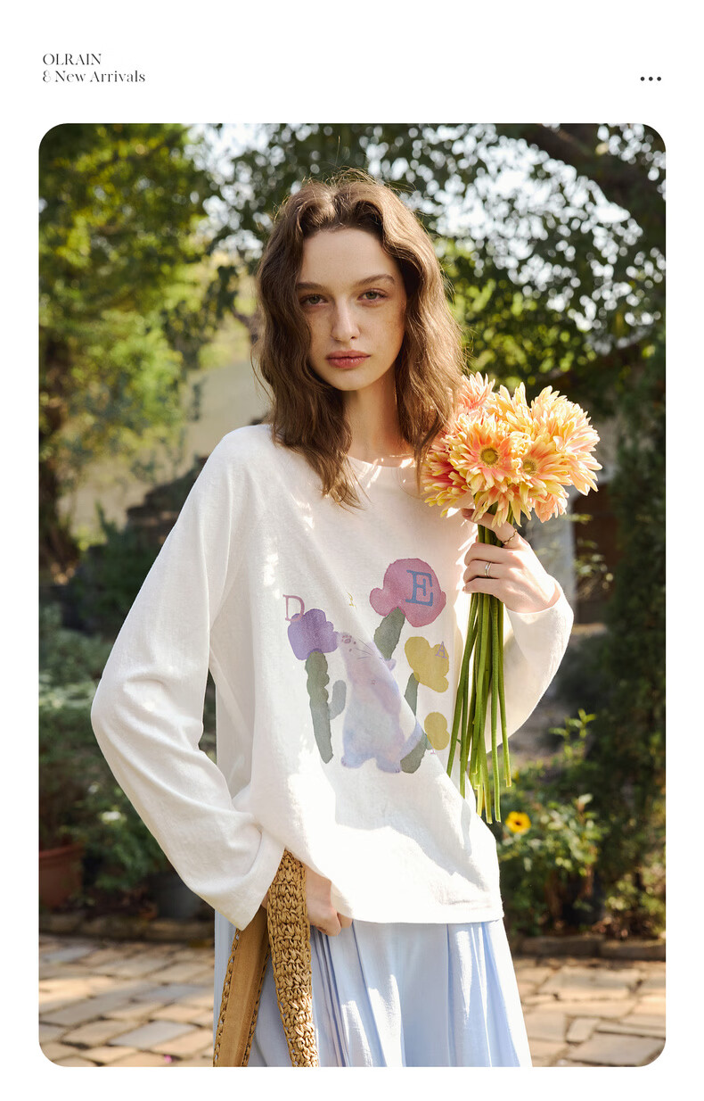 Olrain Casual Fun Cat Print Loose Long Sleeve T-Shirt Women Spring New Round Neck Top White S 6