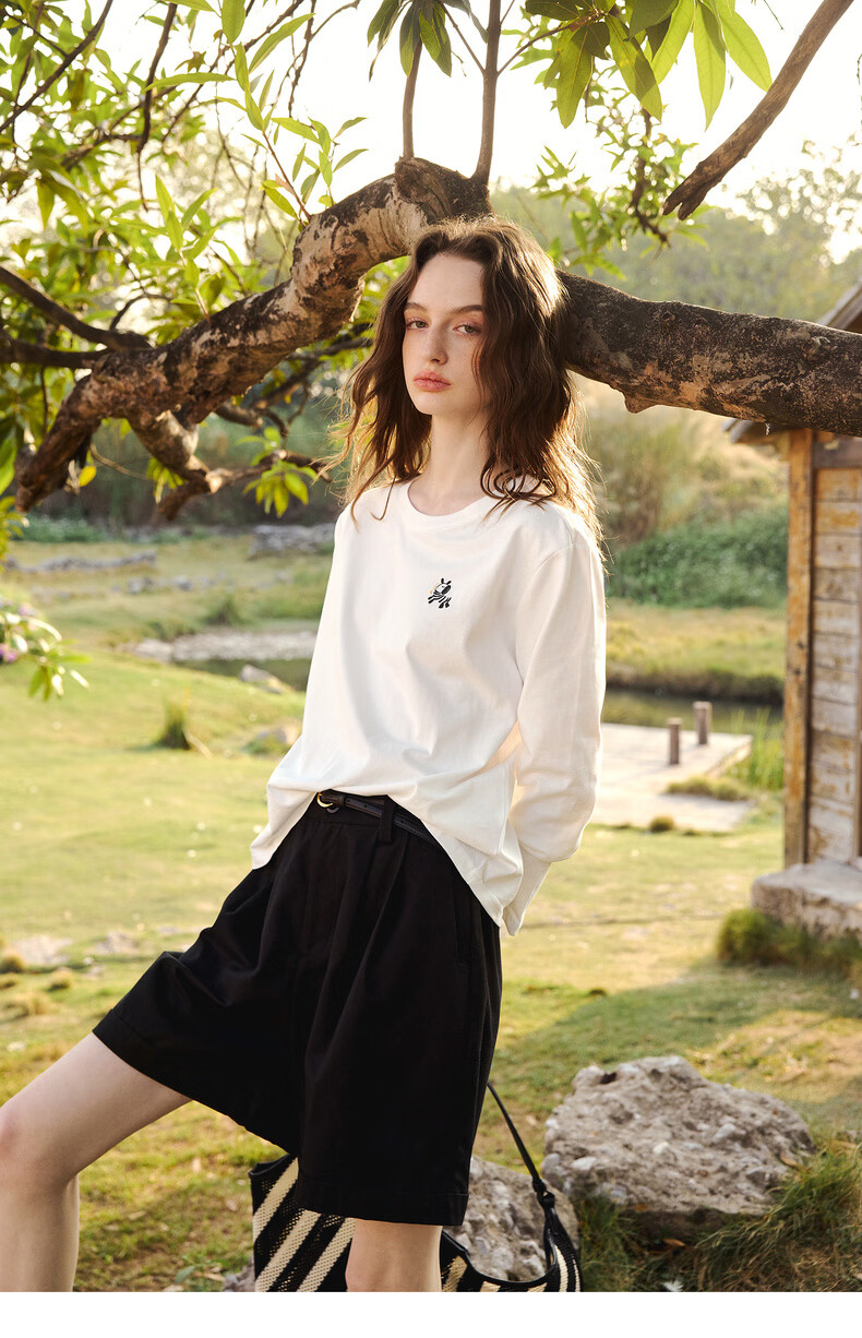 Olrain Simple Color-Block Pony Embroidery Casual Long Sleeve T-Shirt Women Spring Pure Cotton Crew Neck Top Off-White S 19