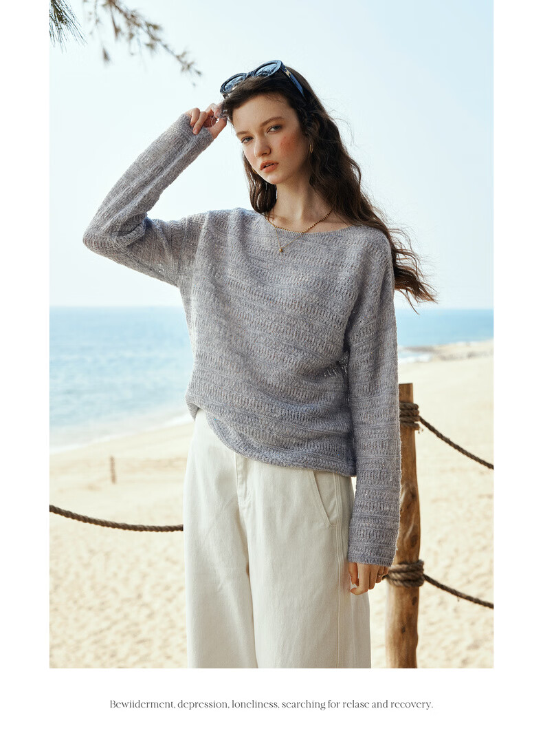 Olrain Oureier Off-Shoulder Hollow Out Loose Pullover Knitwear Women's Spring New Elegant Top Pink M 19