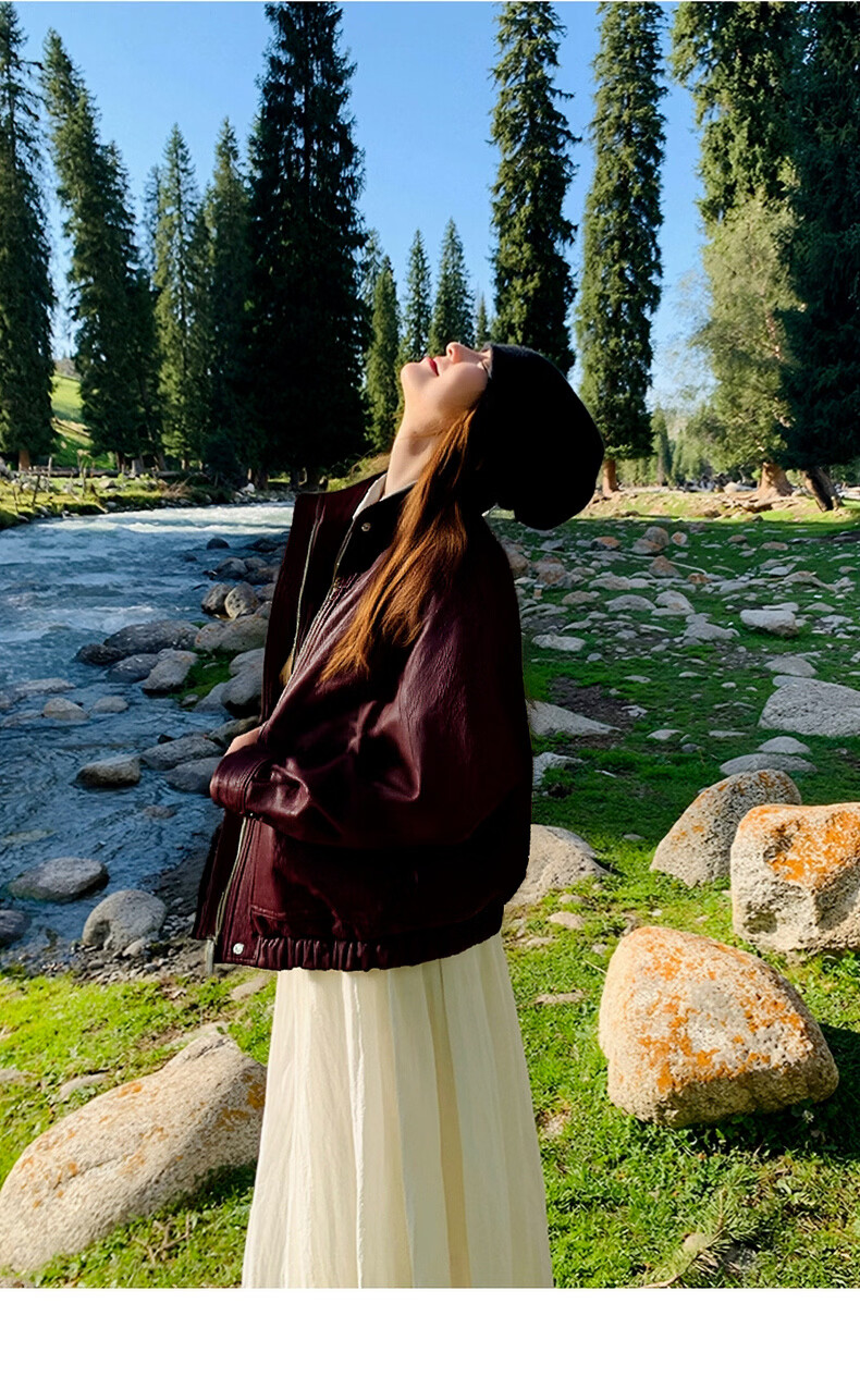 Olrain Eurier Vintage Stand Collar Leather Short Jacket Women's Spring New Loose Fit Burgundy S 9