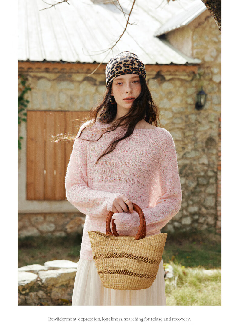 Olrain Oureier Off-Shoulder Hollow Out Loose Pullover Knitwear Women's Spring New Elegant Top Pink M 16