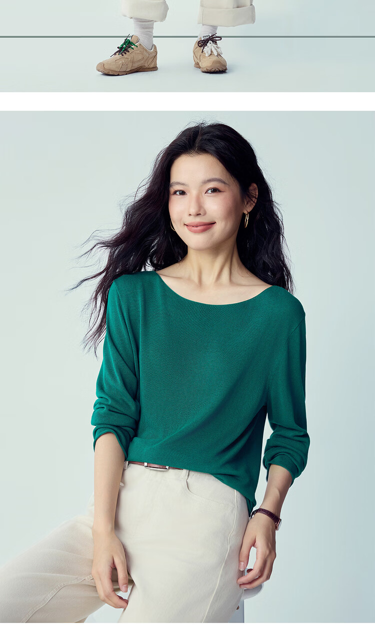 Giordano 2026 Spring New Solid Color Boat Neck Lightweight Rolled Edge Knit Long Sleeve Sweater for Women 13356226 14