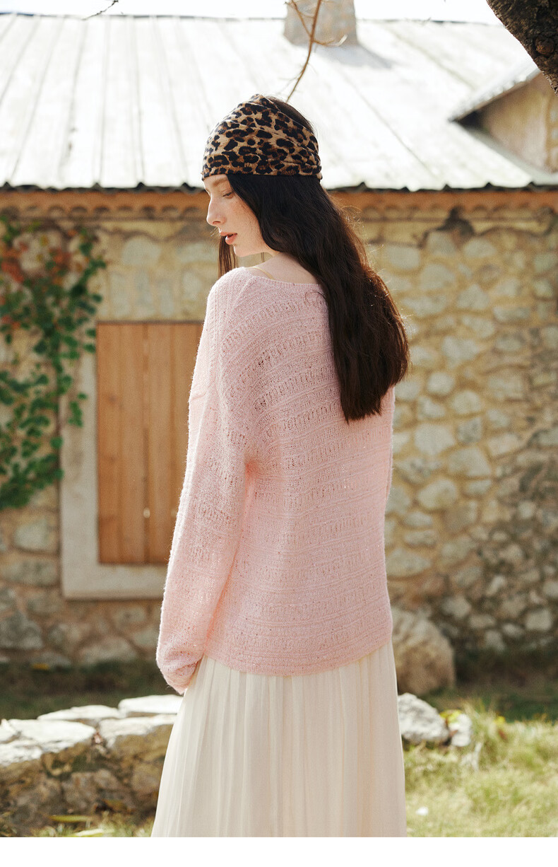 Olrain Oureier Off-Shoulder Hollow Out Loose Pullover Knitwear Women's Spring New Elegant Top Pink M 20
