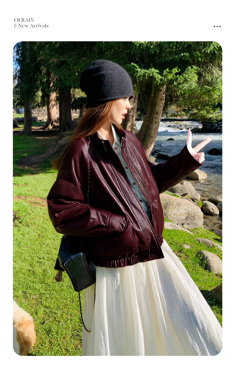 Olrain Eurier Vintage Stand Collar Leather Short Jacket Women's Spring New Loose Fit Burgundy S 5