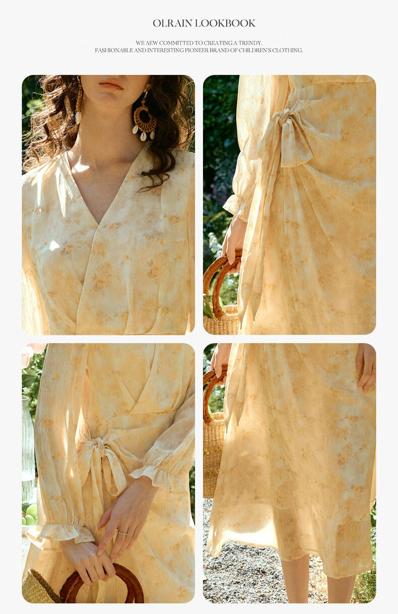 Olrain Oureier Vacation Style V-Neck Tie-Dye Floral Long Sleeve Dress Women Spring New Elegant Long Dress Colorful S 10
