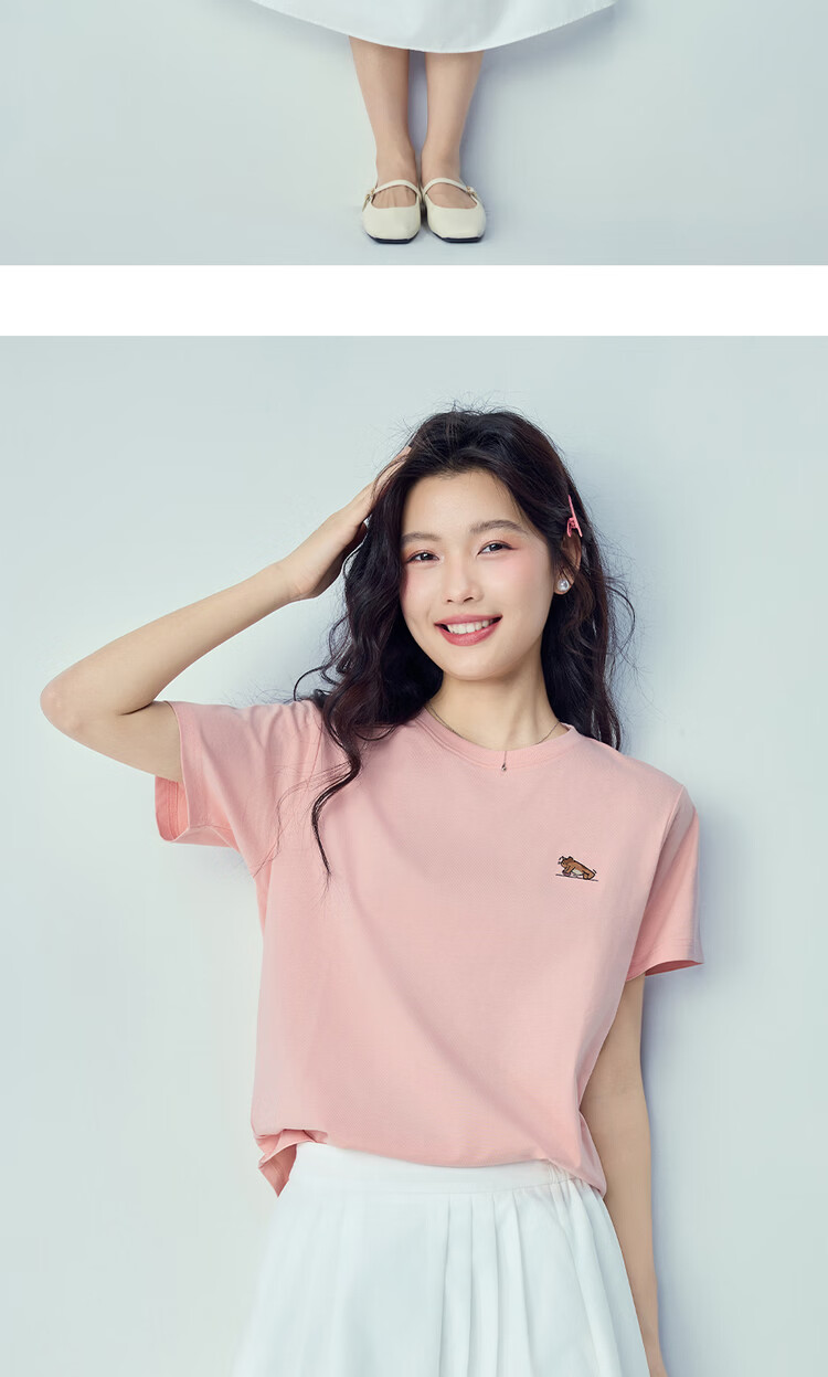 Giordano Women's Short Sleeve T-Shirt 2026 Summer New Pure Cotton Fun Cat Embroidery Crew Neck Top 13326317 13