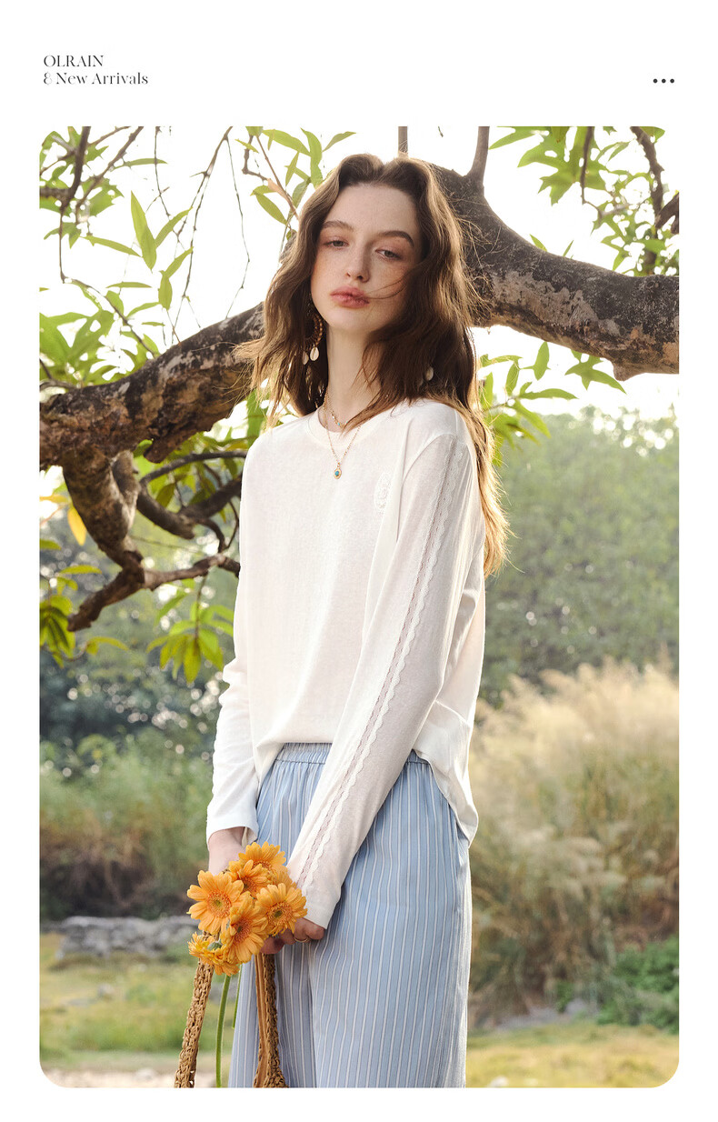Olrain French Lace Splice Snowflake Cotton Long Sleeve T-Shirt Women Spring New Commuter Casual Top Off-White M 7