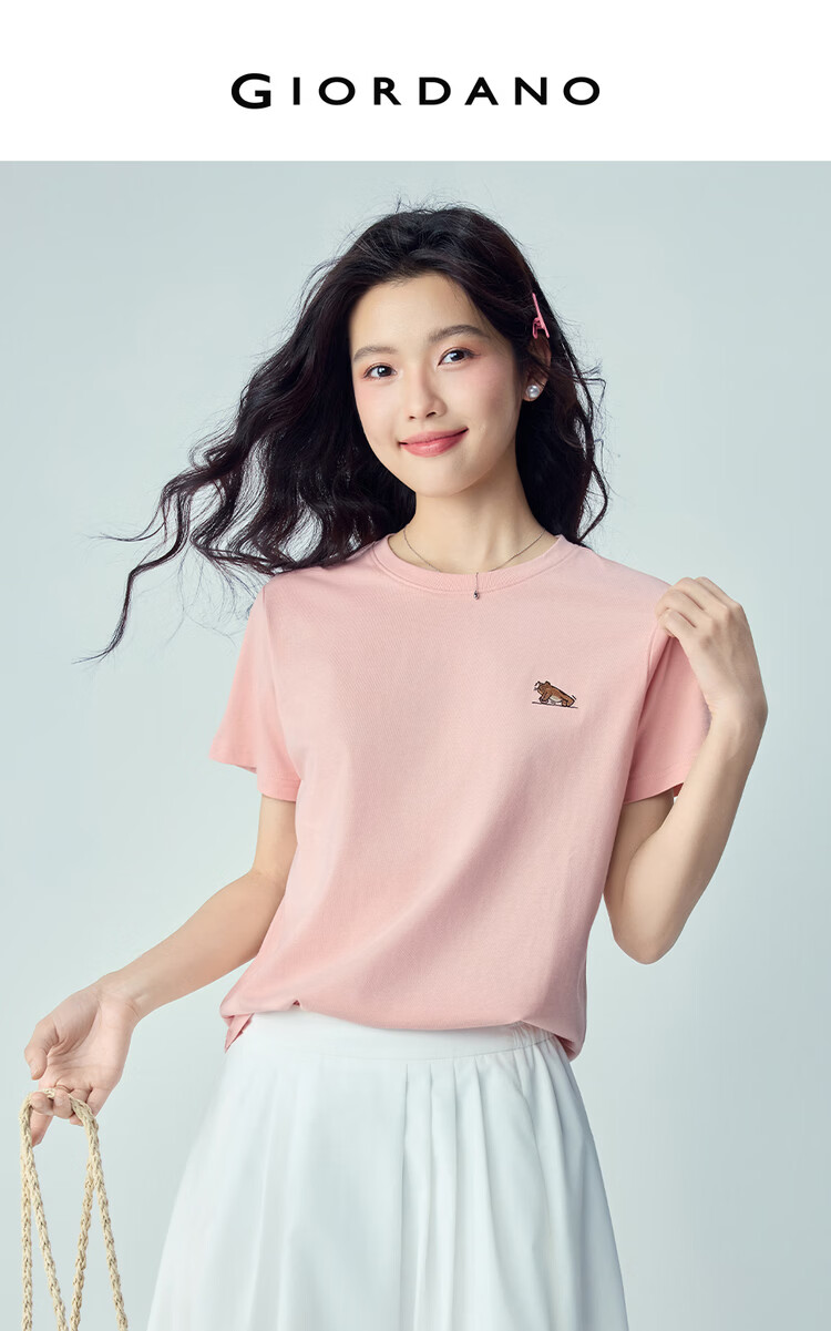 Giordano Women's Short Sleeve T-Shirt 2026 Summer New Pure Cotton Fun Cat Embroidery Crew Neck Top 13326317 3