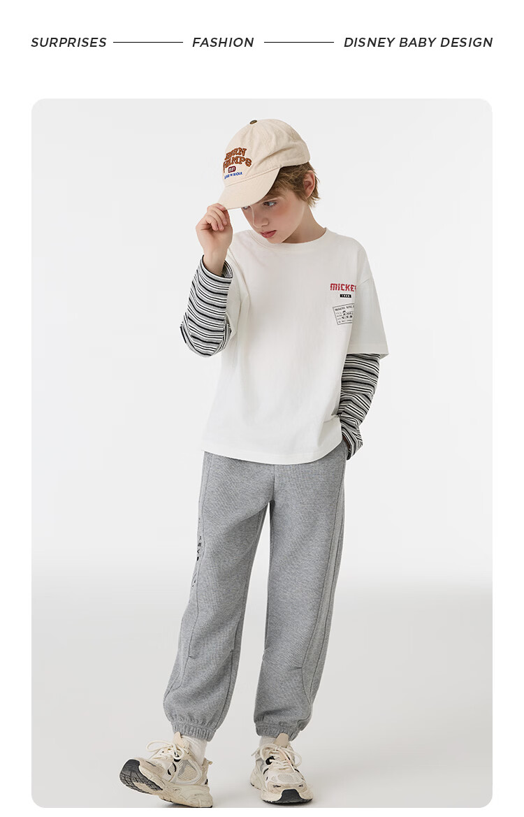 Disney Kids Boys and Girls Long Sleeve Faux Two-Piece Spring T-Shirt 2026 New Children's Cotton Base Layer Sweatshirt Trendy Cool 11