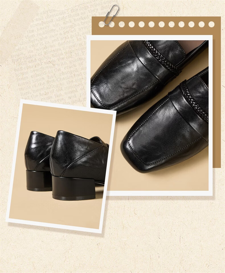 Eierkang Women's Sheepskin Comfortable Mid-Heel Loafers Retro Square Toe Commuter Leather Shoes Black 35 26606W 3
