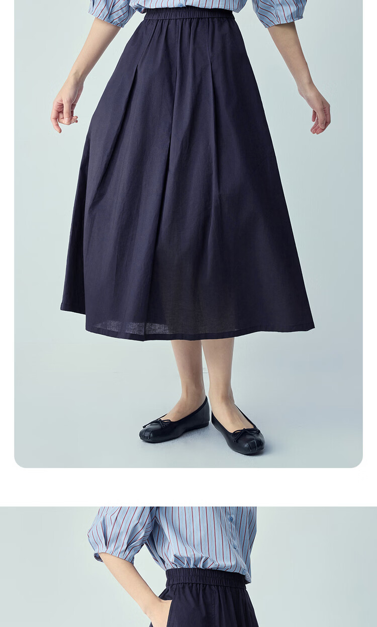 Giordano Women's Linen Skirt 2026 Spring New Cotton Linen Pleated Elastic Waist A-Line Midi Skirt 13466356 13
