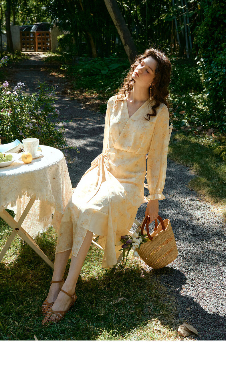 Olrain Oureier Vacation Style V-Neck Tie-Dye Floral Long Sleeve Dress Women Spring New Elegant Long Dress Colorful S 14