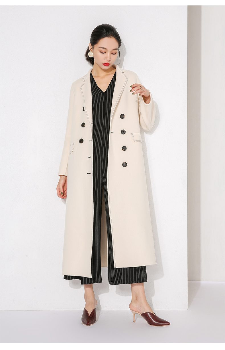 纪诗哲轻奢品牌毛呢大衣2018秋冬新款女装白色双面绒羊毛长款过膝双排