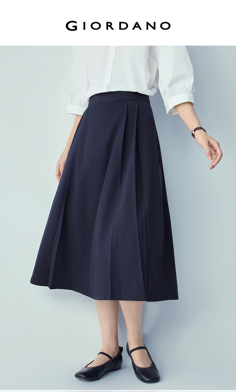 Giordano Women's Skirt 2026 Spring New Solid Color Pleated A-Line Slimming Midi Skirt 05466064 3