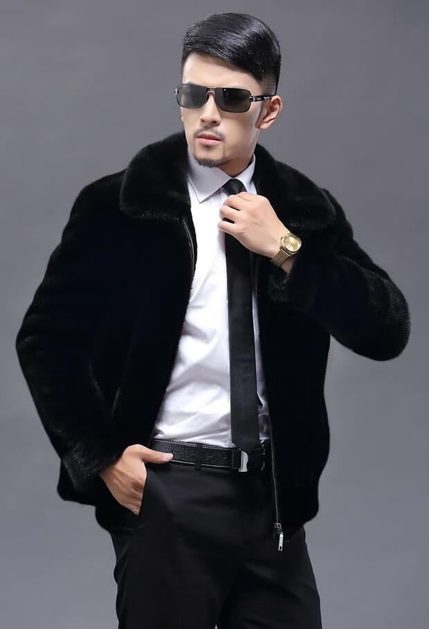 babiboy海宁貂皮大衣男士海宁皮草冬季貂绒棕色连帽立领水貂貂外套整