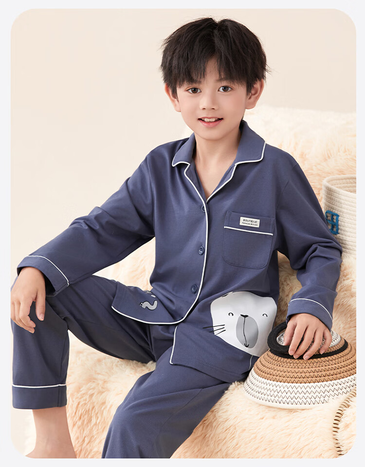 Hodo Boys' Spring Summer Pure Cotton Antibacterial Long Sleeve Pajama Set Cute Cartoon Children's Cotton Homewear for Kids 9