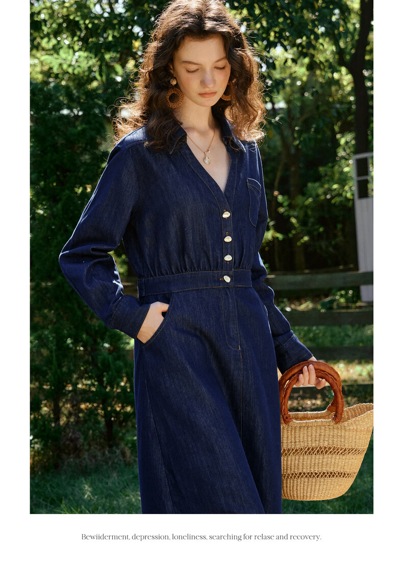 Olrain Vintage V-Neck Waist-Cinched Denim Long Sleeve Dress for Women Spring Shirt-Style Long Dress Denim Blue M 16