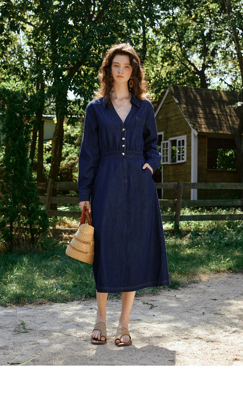 Olrain Vintage V-Neck Waist-Cinched Denim Long Sleeve Dress for Women Spring Shirt-Style Long Dress Denim Blue M 15
