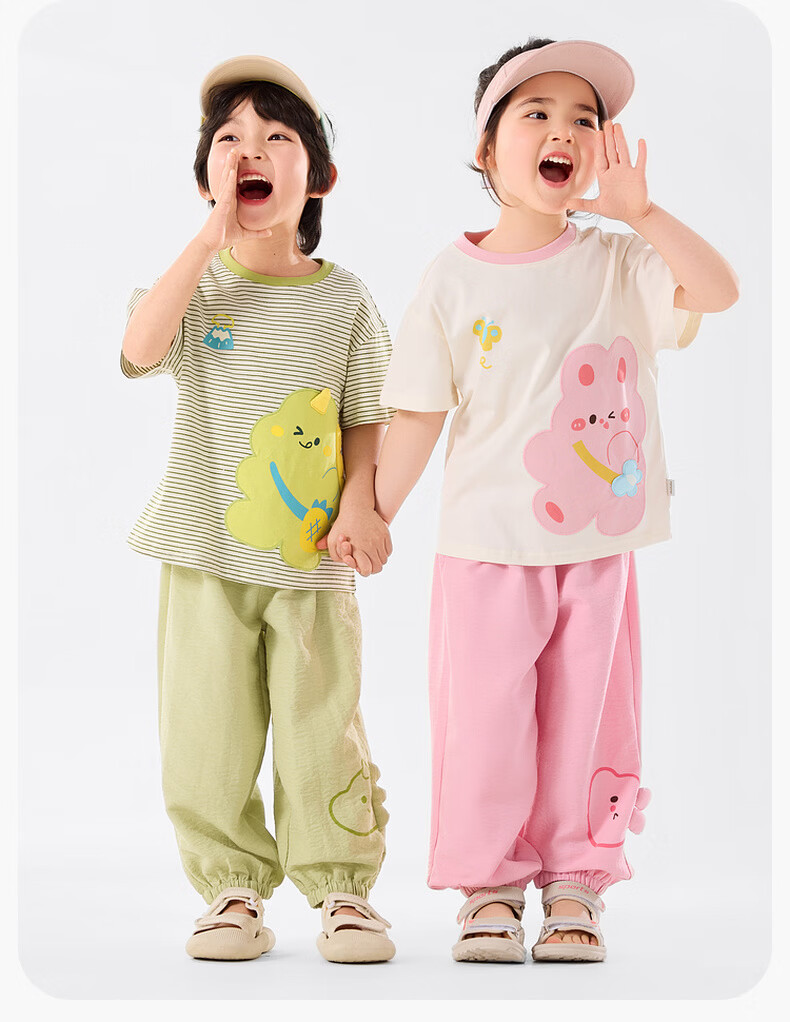 Dudu Kids Cartoon Summer Set Baby Skin-Friendly Two-Piece Boys T-Shirt Girls Mosquito-Proof Pants Green Stripes 100 19