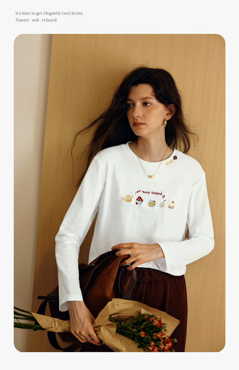 Olrain Eurier Tencel Cotton Simple Elegant Embroidered Loose Long Sleeve T-Shirt Spring Crew Neck Top for Women Beige XL 9