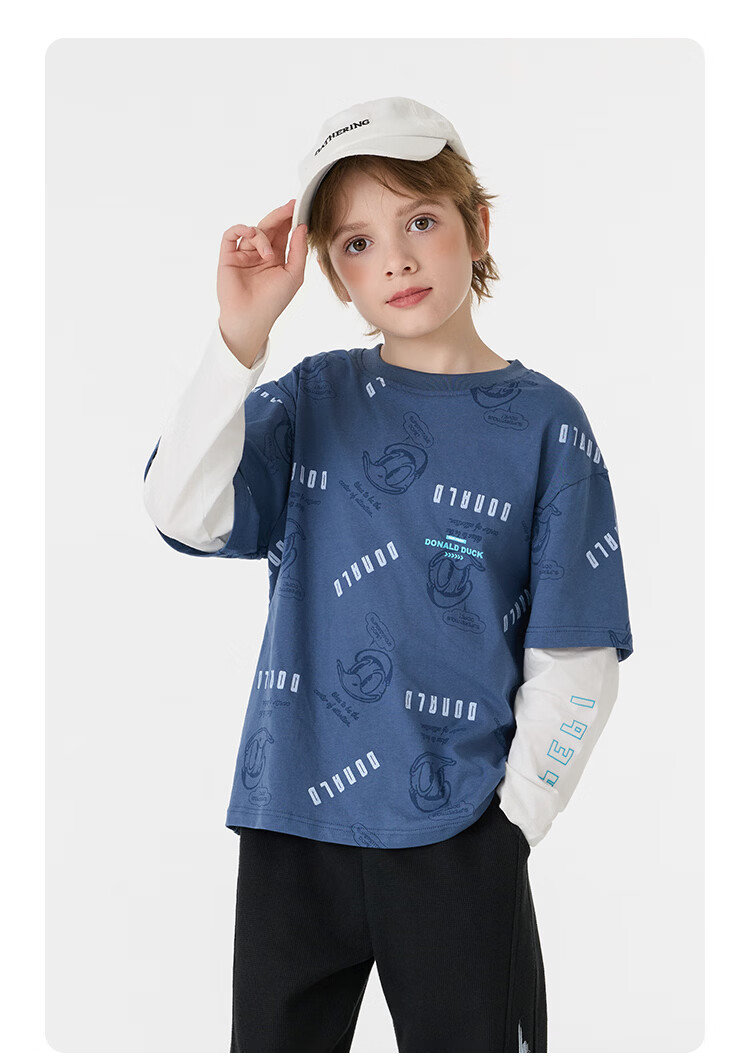 Disney Kids Boys and Girls Long Sleeve Faux Two-Piece Spring T-Shirt 2026 New Children's Cotton Base Layer Sweatshirt Trendy Cool 16