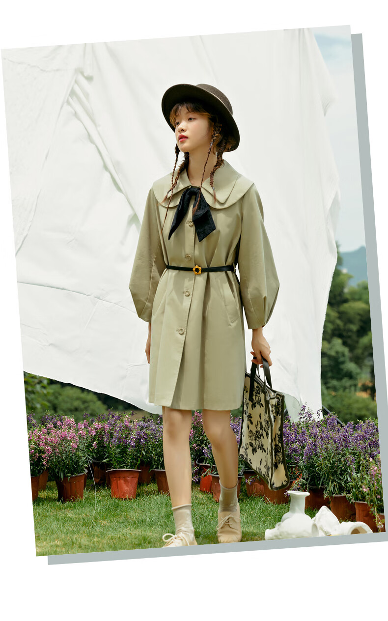 紫涵复古翻领风衣女中长款纯色2022秋季新款腰带收腰气质休闲外套