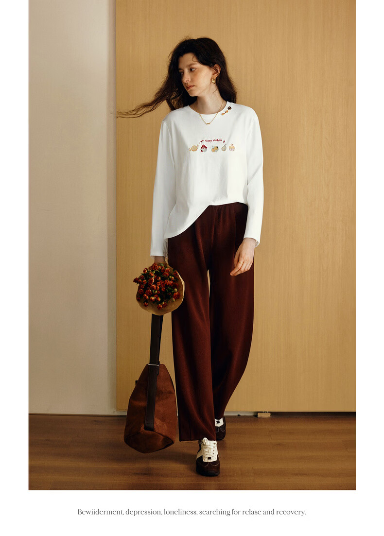Olrain Eurier Tencel Cotton Simple Elegant Embroidered Loose Long Sleeve T-Shirt Spring Crew Neck Top for Women Beige XL 13